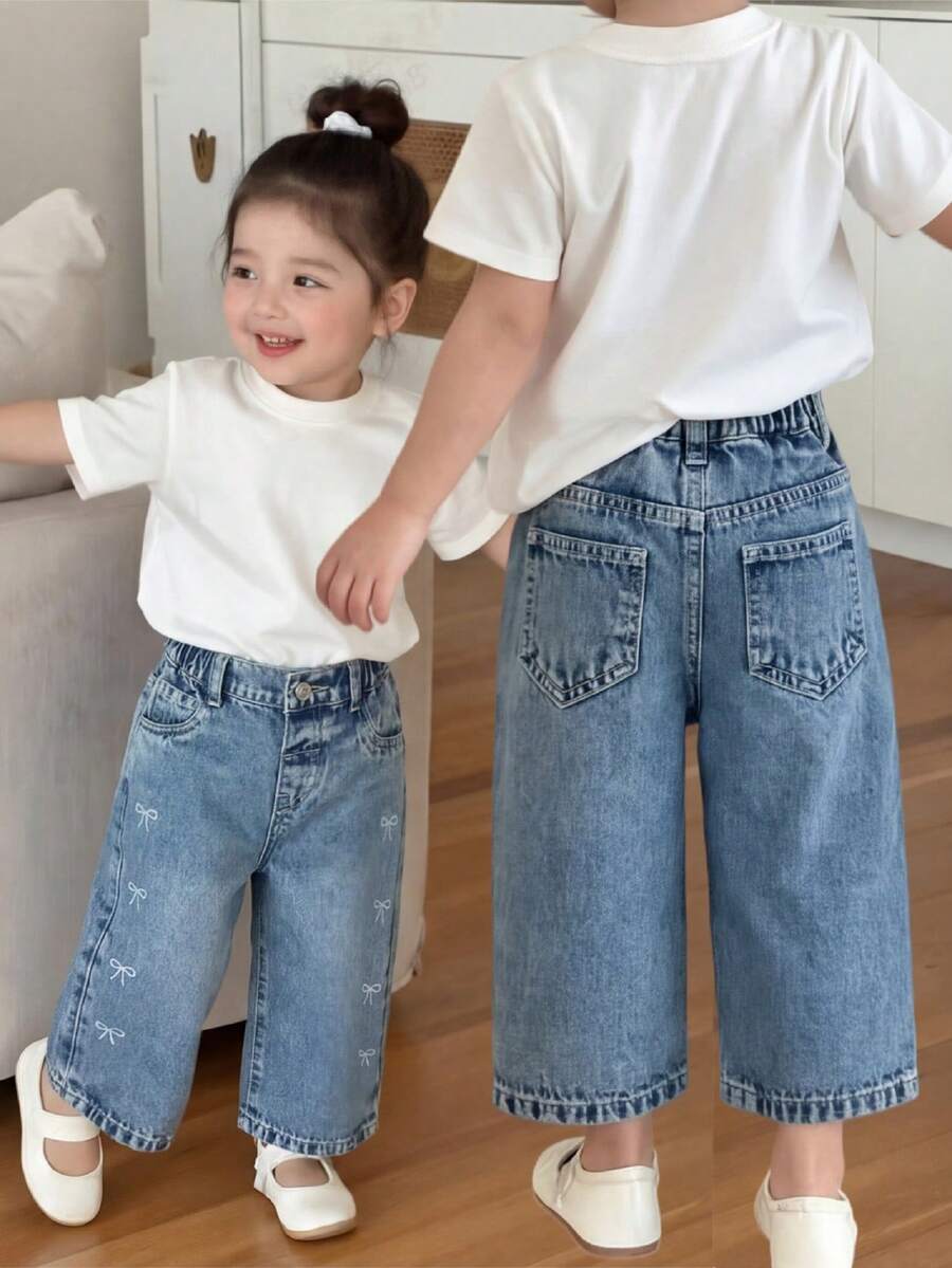 Baby Girl Korean Soft Style Washed Denim Wide Leg Pants With Butterfly Print, Loose Fit, Pockets, Comfortable Blue Jeans - Light Wash - View 1