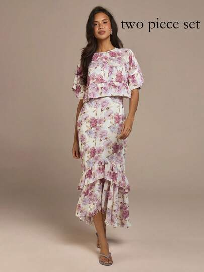 COSMINA Vestido de gasa con estampado floral y cuello con volantes elegante para mujer, adecuado para citas, San Valentín, vacaciones, con gracia