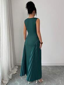 Elenzga Đầm không tay xếp ly cổ bèo màu trơn thanh lịch dành cho nữ, thích hợp cho mùa hè. - màu xanh lá - Xem 4