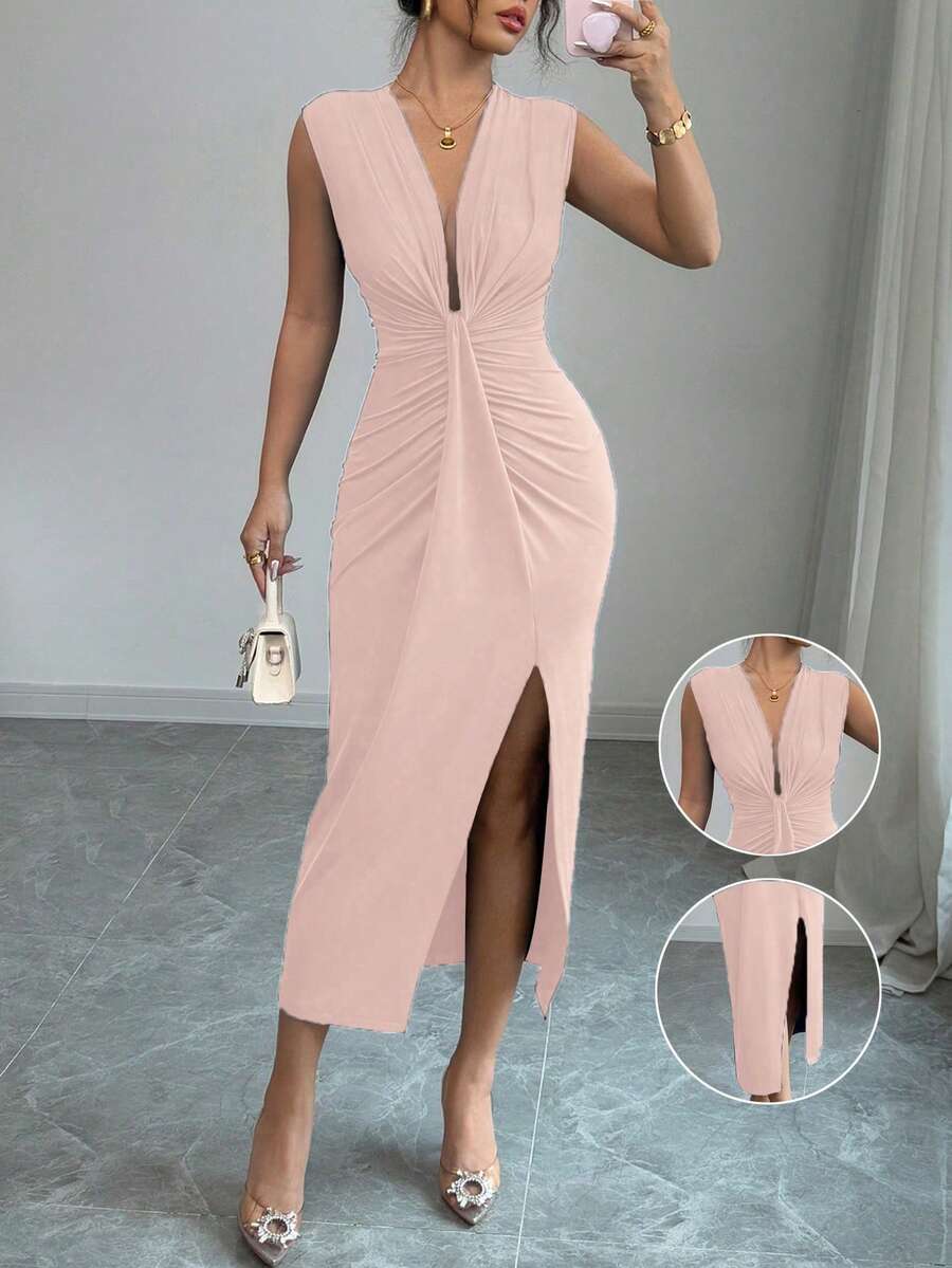 Rafferiza Elegant Sleeveless Deep V-Neck Draped Hem Slit Spring/Summer Dress For Women - Pink - View 1
