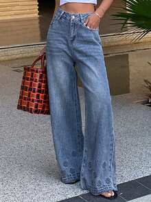 DAZY Jeans elegantes con cintura regular y dobladillo acampanado para mujer - Azul lavado oscuro - Ver 2