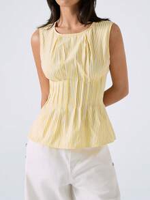 LYSMO 女士条纹圆领褶皱休闲百搭日常上衣 - 淡黃色 - 查看 4