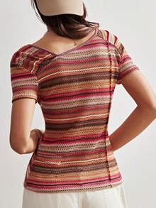 Bohemela Women's Pink Stripe Y2K Summer Boho Vacation Imitation Crochet Knitted Asymmetrical Placket T-Shirt,Bohemian Music Festival Casual Short Sleeve Top - Multicolor - View 6