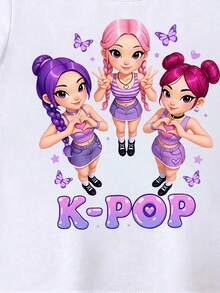 Young Girl Casual Cartoon Print Basic Short Sleeve T-Shirt, Summer - White - View 5