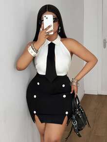 Maweii Plus Size Sexy Black & White Patchwork Hollow Neck Tie Open Back Fitted Dress, Summer - Black and White - View 2