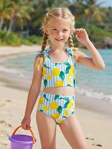 少女条纹柠檬印花比基尼上衣和三角泳裤休闲度假泳装套装 - 彩色 - 查看 6