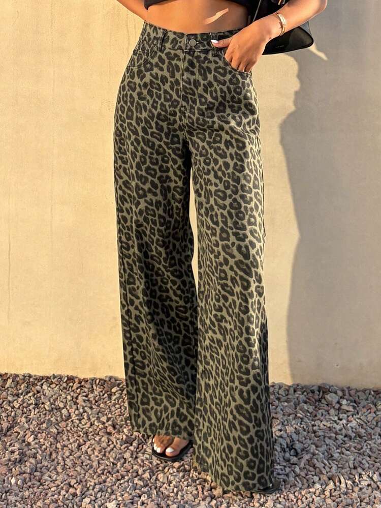 Women's High Waist Wide Leg Leopard Print Jeans
