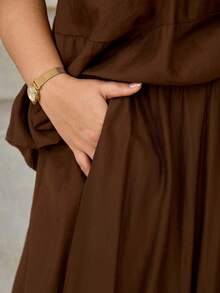 Roveilla Plus Size Women's Spring/Summer French Elegant Luxury Minimalist Design Casual Bohemian Vacation/Work Commute Vintage Style Comfortable Solid Color Semi-Sheer Sleeveless Blouse With Drawstring Waist And Pockets, Long Skirt Women Clothes Women's Dress Brown Dresses Women Casual Dresses Brown Dresses For Women Dress For Women Latest Dress Style For Women - Brown - View 9