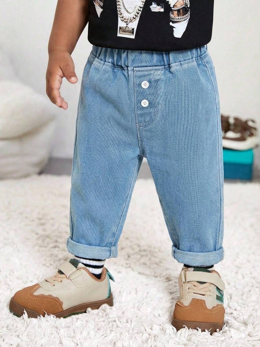Baby Boy's Jeans,Aqua Blue,Summer,Casual,Stylish Light Wash Blue Denim Pants,Comfortable Cotton Trousers With Rolled-Up Cuffs For Toddler Boys - Light Wash - View 1