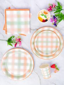 Yellow & Green Gingham Disposable Plates, Napkins And Paper Cups Party Set, Serves 24 Guests. This Disposable Paper Party Tableware Is Suitable For Birthdays, Weddings, Themed Parties And Family Picnics. - View 4