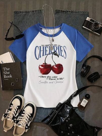 Tween Girls Cherry Pattern Raglan Sleeve Short Sleeve T-Shirt, Casual & Comfortable Spring/Summer, Design Suitable For Outdoor, Sports, Picnic, Street Photography, Holiday, Gift