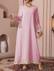 Al Najma Áo Abaya thêu thanh lịch dành cho phụ nữ - Hồng - Xem 6
