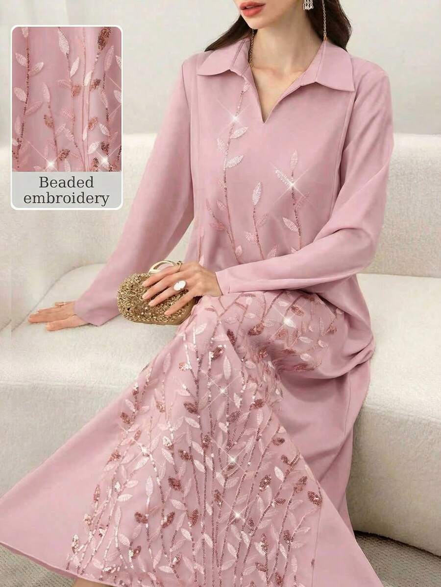 Yasmyna Đầm maxi Thổ Nhĩ Kỳ thanh lịch, tay dài, phối ren thêu và đính sequin, màu mơ, dành cho nữ, thích hợp cho mùa xuân/hè, và áo abaya truyền thống Ả Rập. - Hồng - Xem 1