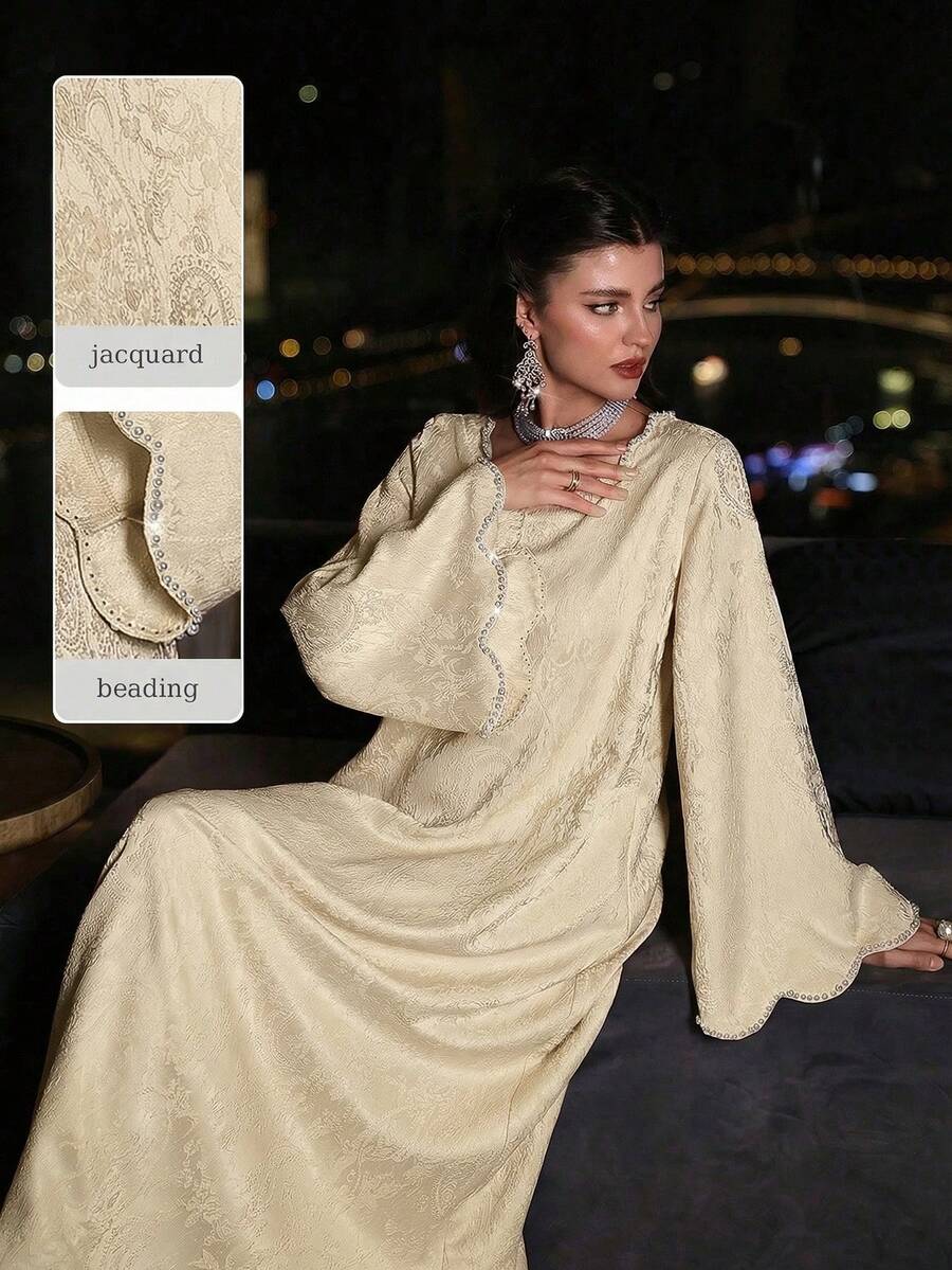 Al Najma Abrigo elegante de mujer de primavera/verano con tejido jacquard rosa, manga larga, burbuja y cuentas, estilo tradicional turco y árabe (Abaya) - Albaricoque - Ver 1