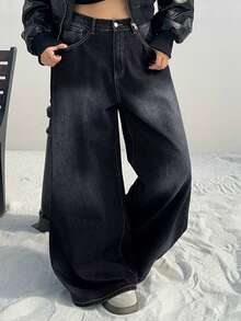 Dazy Plus Washed Distressed Loose Draped Floor-Length Jeans, Pear-Shaped Figure Flattering Wide Leg Pants, Plus Size Women Long Denim Trousers - Dark Wash - View 8