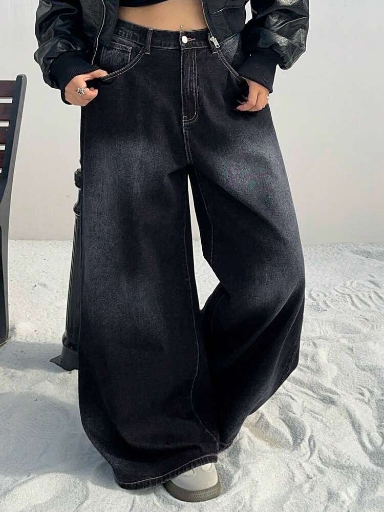 Dazy Plus Washed Distressed Loose Draped Floor-Length Jeans, Pear-Shaped Figure Flattering Wide Leg Pants, Plus Size Women Long Denim Trousers