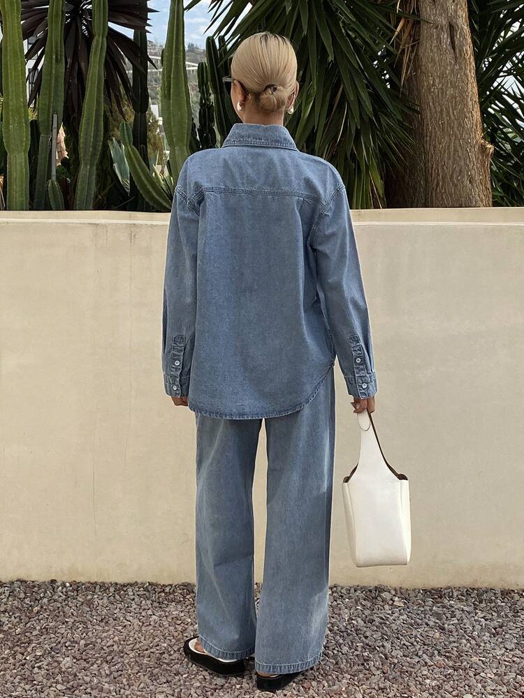 Women's Casual Washed Pocket Shirt And Wide Leg Jeans Set, Spring/Autumn