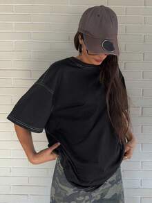 DAZY Áo thun ngắn tay cổ tròn dáng rộng, thoải mái, phong cách đường phố, phối màu tương phản, họa tiết đường kẻ trắng, thích hợp cho lễ hội âm nhạc và kỳ nghỉ, dành cho nữ, mùa xuân & hè. - màu đen - Xem 2