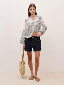 Nöista Lantern-Sleeved Top, Combining Lace And Plaid Fabric, Features Delicate Lace, A Slightly V-Neck, And Vintage Wooden Buttons, Making It A Perfect Choice For Spring/Summer Vacation Wear And Showcasing Feminine Elegance. - Blue - View 6