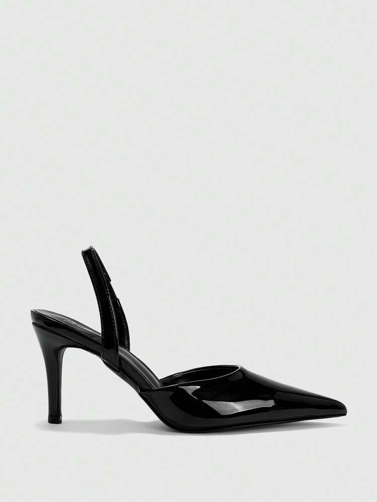 CUCCOO BIZCHIC Women Shoes Spring And Autumn New Black Mirror Point Thin Heel High Heel Slingback Low Vamp Women's High Heel Shoes Shoes Daily Versatile Commuter Office Workers Business Dinner Party Wear Women's Shoes