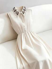 Franclia Women's Spring/Summer New Apricot Pearl Button Embroidered Collar Sleeveless Cinched Waist Casual Midi Dress, Suitable For Outing, Vacation, Holiday, Commute, Date, Afternoon Tea Elegant White Dress White Elegant Dress White Midi Dress Embroidered Collar Dress Sleeveless Midi Dress Pearl Dress Dress Spring Fashion Dress Dress Summer Cream Dress - Apricot - View 1