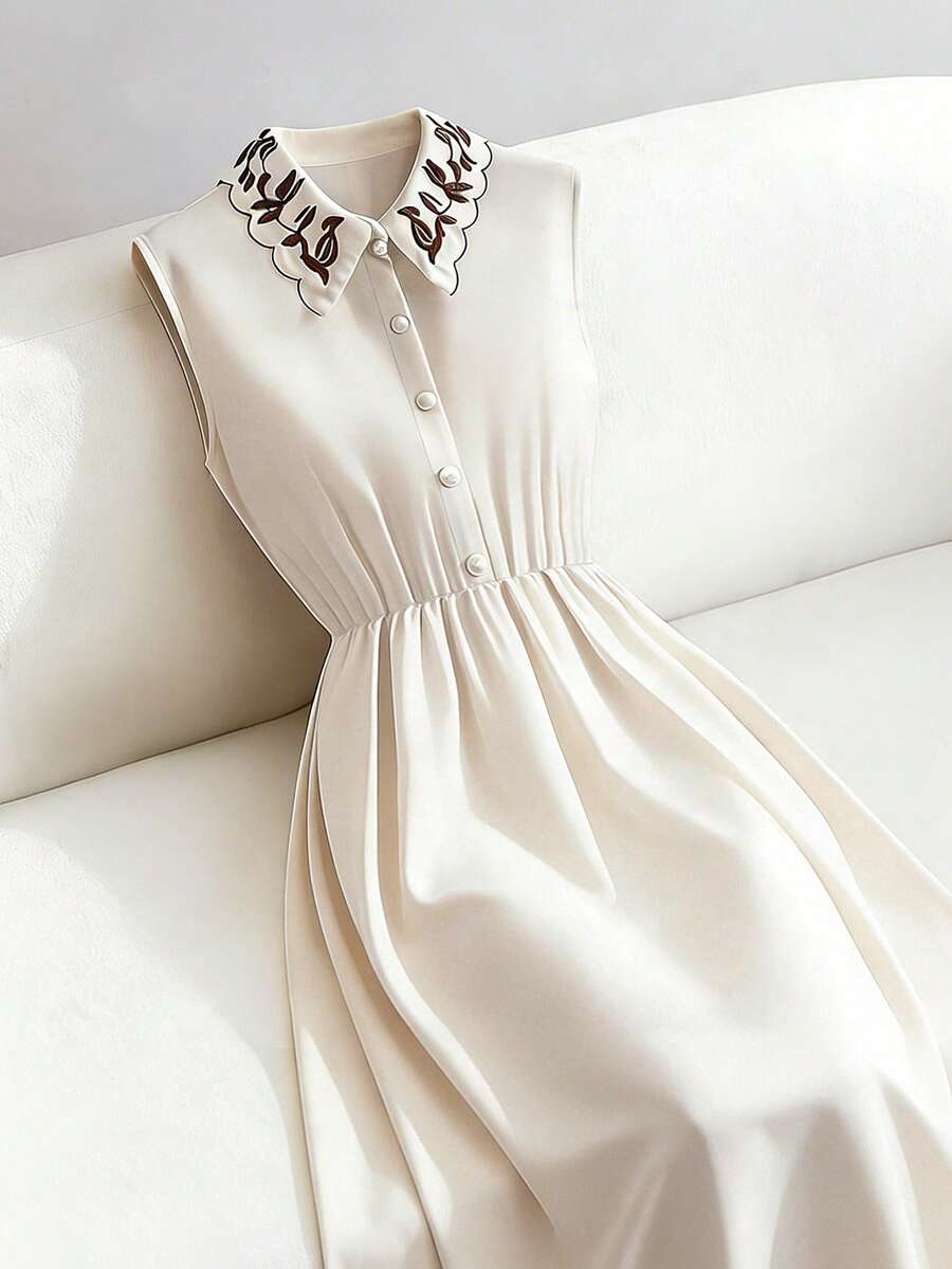 Franclia Women's Spring/Summer New Apricot Pearl Button Embroidered Collar Sleeveless Cinched Waist Casual Midi Dress, Suitable For Outing, Vacation, Holiday, Commute, Date, Afternoon Tea Elegant White Dress White Elegant Dress White Midi Dress Embroidered Collar Dress Sleeveless Midi Dress Pearl Dress Dress Spring Fashion Dress Dress Summer Cream Dress - Apricot - View 1