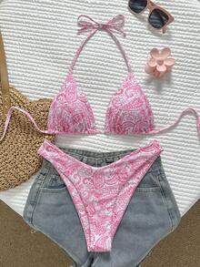 Swim Basics 女士热带印花两件式比基尼套装，休闲度假 - 彩色 - 查看 1