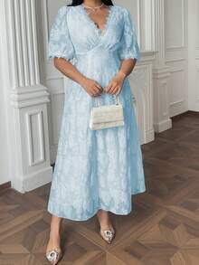 Vibekara 大码深V领短泡泡袖花卉蕾丝边玫瑰纹理镂空优雅简约复古宫廷风鸡尾酒会婚礼宾客伴娘礼服 - 藍色 - 查看 3