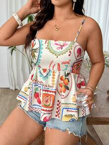 SHEIN LUNE Plus Size Women All-Over Print Pleated Casual Versatile Daily Wear Camisole Shirt Gym Brown Summer - Multicolor - View 3