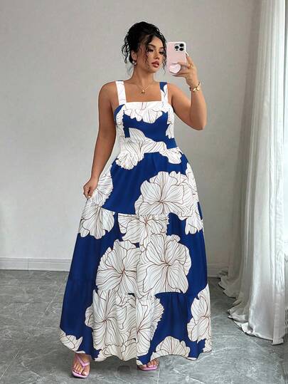 SHEIN Elenzya Plus Size Women's Floral Print Waist Tie Back Bow Sleeveless Casual Dress, Elegant & Versatile For Daily, Commute, Valentine's Day, Beach Vacation, Spring/Summer Latest Dress Style For Women Hawaiian Dresses For Women