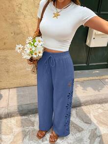 SHEIN Frenchy Quần ống rộng dáng suông thiết kế khoét lỗ, thắt eo dành cho nữ, thích hợp cho kỳ nghỉ. - Màu xanh lam - Xem 6