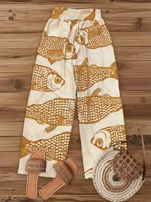 Breezaya Pantalones anchos de pierna ancha con diseño de cordón en la cintura, estampado de pez grande sobre base color albaricoque, para mujer, estilo casual de vacaciones, primavera/verano - Amarillo - Ver 2