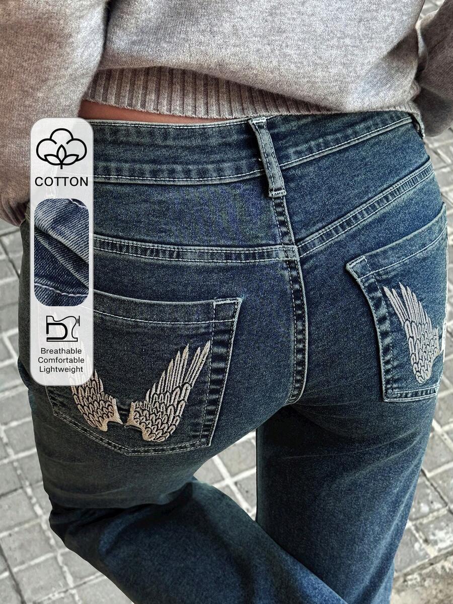 Women's Backpocket Wing Embroidery Slim Flare Jeans, Casual & Sexy - Medium Wash - View 1