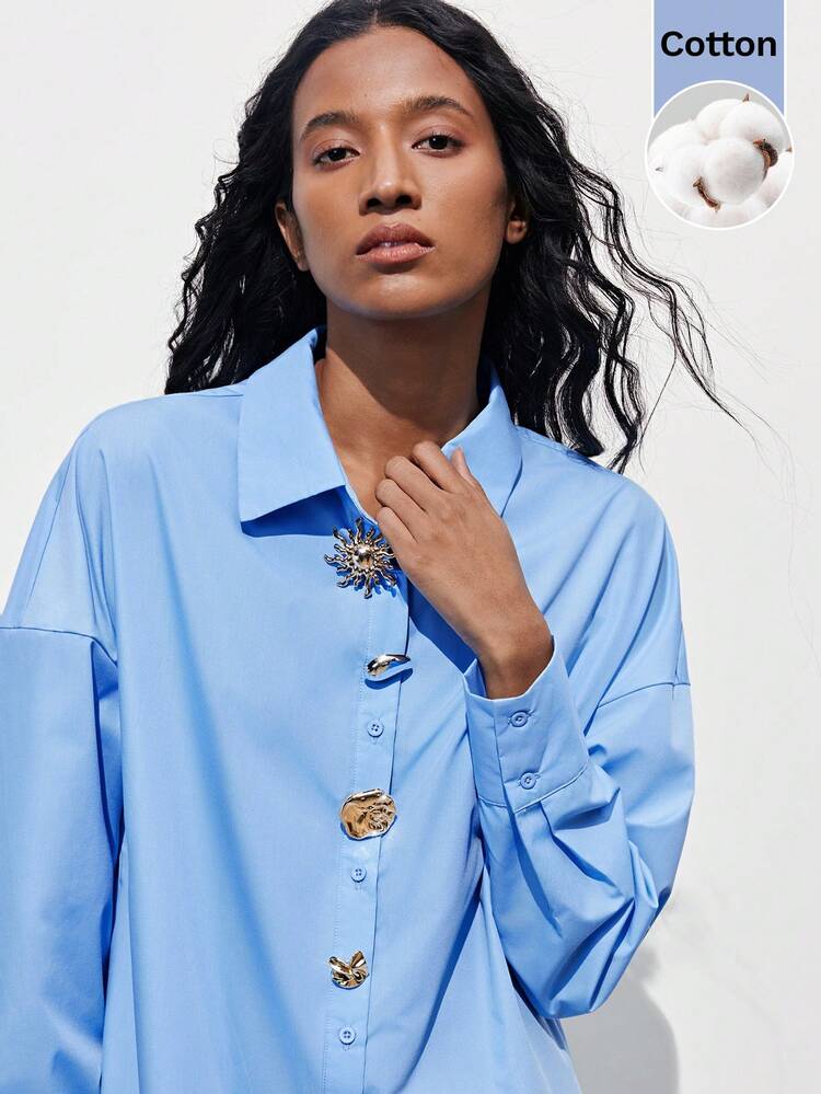 SHEIN Maija Women's Solid Color Dress With Front Button Design And Long Sleeves, Casual And Minimalist, Fashionable And Practical. The Overall Silhouette Is Graceful And Suitable For Daily Outings And Various Occasions, Effortlessly Showcasing Feminine Elegance And Natural Charm.Women Easter Summer Outfits Easter Dress Women Party Top Beach Dress Summer Holiday Outfits Each Vacation Outfits For Women  Summer Outfit For Women Going Out Outfits Graduation Graduation Outfit  Casual Dresses  Casual Blouses For Women