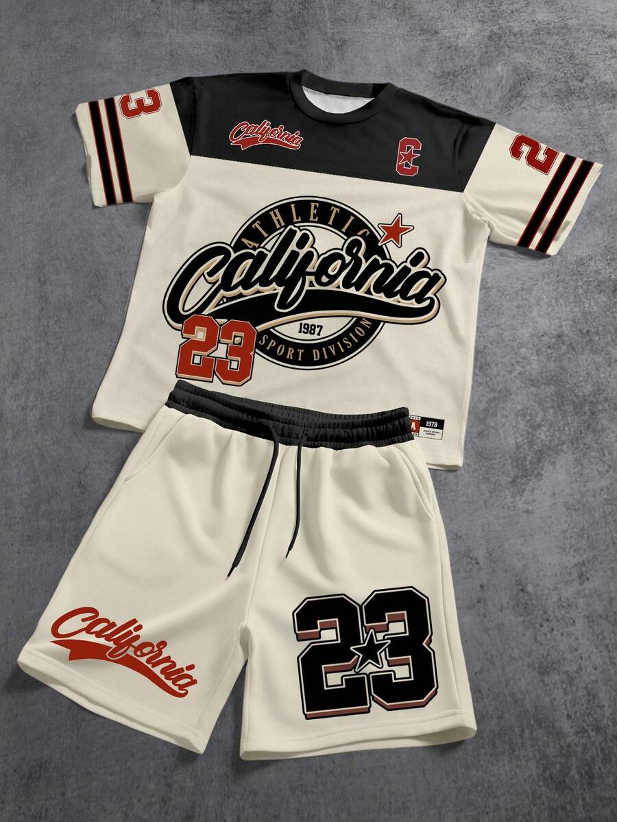 Manfinity ZONE917 宽松街头运动风美式红黑星23撞色腰带黑色短袖T恤短裤套装，适合春夏穿着，约会聚会必备，送给男友的绝佳礼物 - 彩色 - 查看 1