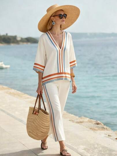 SHEIN Holidaya Áo sơ mi nữ đi nghỉ mát, cổ chữ V dáng rộng, tay lỡ 3/4, trang phục đi nghỉ mát cho nữ, trang phục đi nghỉ lễ cho nữ, kỳ nghỉ, áo sơ mi đi nghỉ mát, quần áo đi nghỉ lễ, áo sơ mi nữ thường ngày, áo sơ mi mùa hè, bãi biển, áo sơ mi đi biển, trang phục đi biển, đồ đi biển cho nữ, áo sơ mi đi nghỉ mát mùa hè mới cho nữ