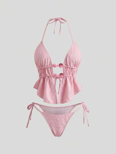 Sweetra Women's Halter Tie Backless Beaded Connection Ruffle Hem Design Vacation Beach Tankini Swimsuit Set,Women's Summer Solid Jacquard PinkFabric Strappy Backless Triangle Drawstring Halter Sexy Cute Girl Beach Bikini Set, Ladies Separate Swimsuit,Women's Beach Bikinis Summer 2026 Summer Outfits For Women Beach Dress Beach Outfits For Women Elegant Casual Summer Holiday Outfits Vacation Outfits For Women Pink Swimwear Pink Swimsuit Bathing Suits For Women Pink Ruffle Bikini Set