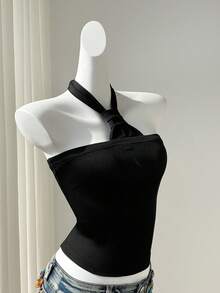 Elamini 女士无袖吊带露背上衣，显瘦，黑色，春夏款 - 黑色 - 查看 4