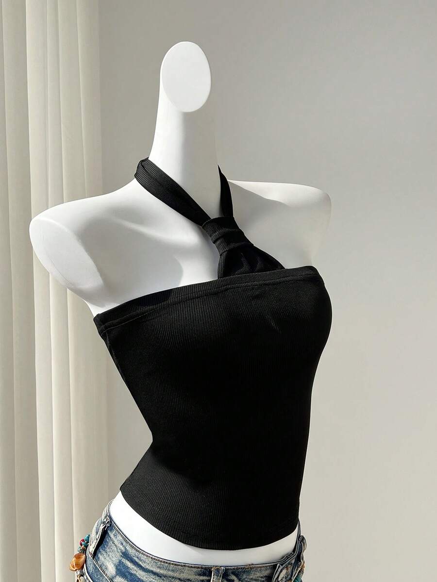 Elamini Women's Sleeveless Halter Neck Blouse, Slimming, Black, Spring/Summer - Black - View 1