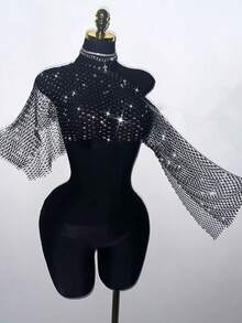 EgrlEra Women's Fishnet Rhinestone Cropped Top, Suitable For Holiday Party Outfits - Black - View 6