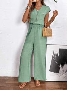 EMERY ROSE Women's Metal Button Half-Placket Wide Leg Casual Jumpsuit - Mint Green - View 5