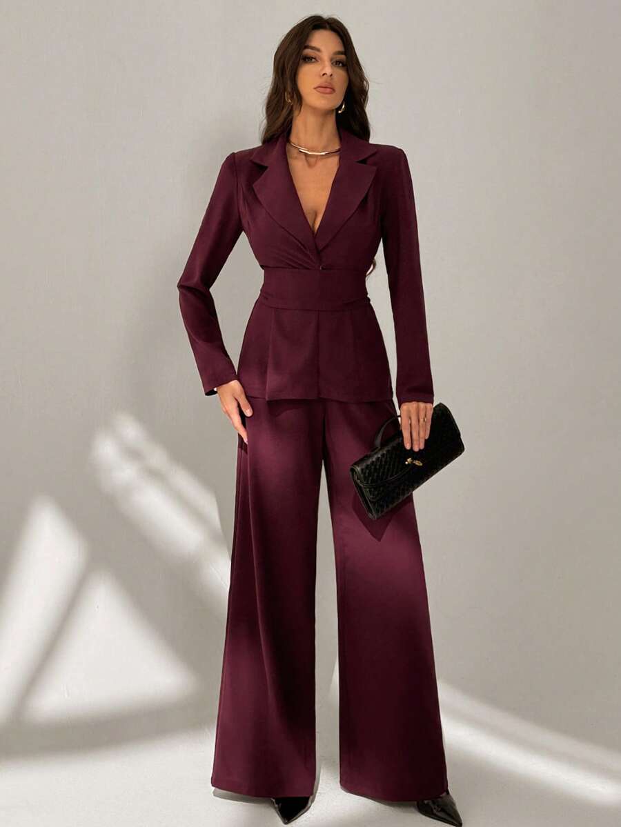 SHEIN Tall Bộ đồ hai mảnh dành cho nữ, bộ vest quần màu đỏ tía. - Màu đỏ tím - Xem 1