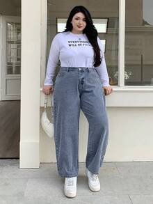 Dazy Plus Plus Size Casual Washed Straight Leg Jeans - Medium Wash - View 6