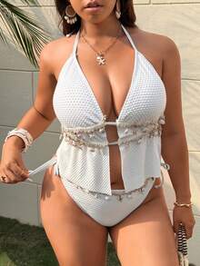 Swim Mod Plus Size Women's 2026 Spring/Summer New Fashionable Sexy Solid Color Halter Bikini Swimwear Set - Beige - View 6