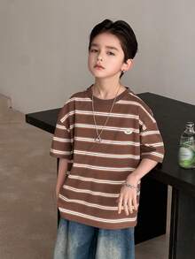 DAZY 男童条纹圆领休闲日常短袖T恤 夏季 - 卡其色 - 查看 4
