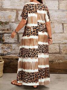 EMERY ROSE Women's Plus Size Leopard & Stripe Print Slit Maxi Short Sleeve Dress,White,Summer,Boho,Vacation,Holiday Elegant Beach Outfits For Woman Plus Size - Brown - View 2