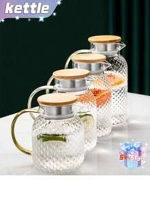 一件式高硼硅玻璃果汁饮料壶，竹钢盖，米粒纹冷水壶，大容量茶壶，厨房用具 - 彩色 - 查看 6