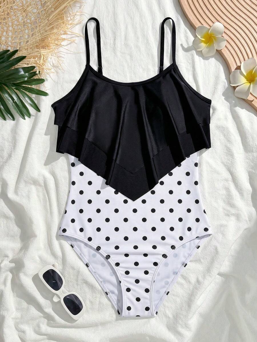 SHEIN Teen Girl Ruched Ruffled Trim One-Piece Swimsuit,Polka Dot Bathing Suit For Kids,Casual Comfortable Fashion Tankini,Summer Beach Vacation Holiday - Multicolor - View 1