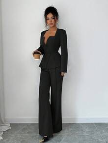 Elenzga 不对称领口收腰外套搭配直筒裤，优雅浪漫两件套，女士适用 - 黑色 - 查看 6