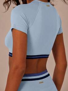 Aralina 女士圆领撞色短袖上衣和高腰紧身裤休闲运动套装 - 淺藍色 - 查看 8